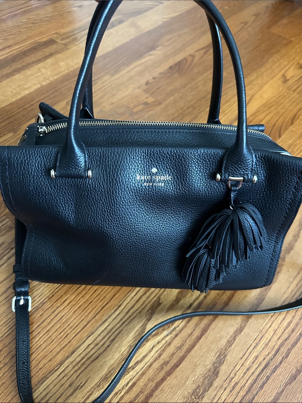 kate spade Black Pebbled Leather Satchel with Tassel Charm
